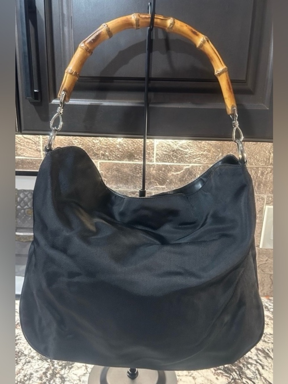 Vintage Gucci Bamboo Handle Black Nylon GG Jacquard Large Hobo Tote 001.1705.157